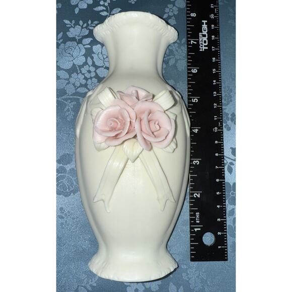 Vintage Porcelain Wall Vases Pair Pink Roses & Ribbon 7” Ivory Ceramic Floral - Picture 6 of 6